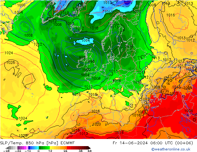 SLP/Temp. 850 hPa ECMWF Fr 14.06.2024 06 UTC