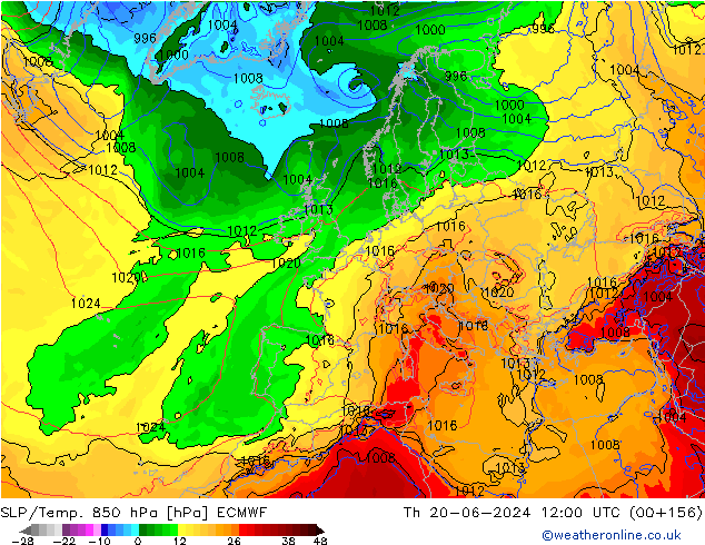 SLP/Temp. 850 hPa ECMWF Čt 20.06.2024 12 UTC