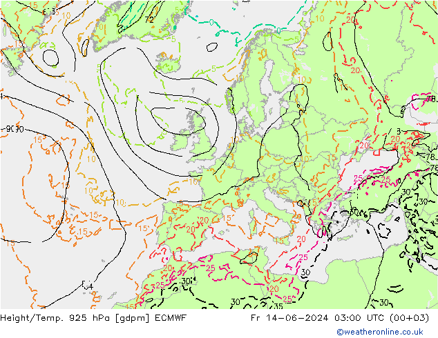 Height/Temp. 925 hPa ECMWF Fr 14.06.2024 03 UTC