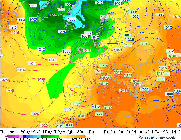 Dikte 850-1000 hPa ECMWF do 20.06.2024 00 UTC