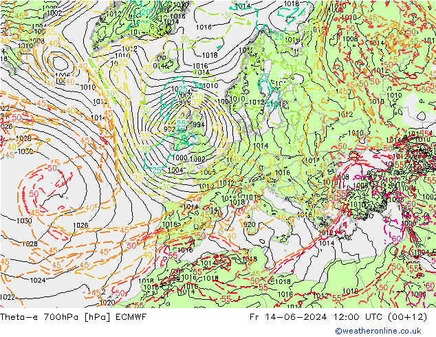 Theta-e 700hPa ECMWF Pá 14.06.2024 12 UTC