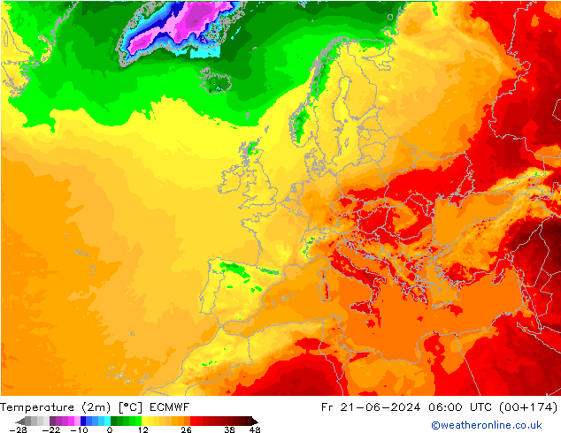 Temperaturkarte (2m) ECMWF Fr 21.06.2024 06 UTC