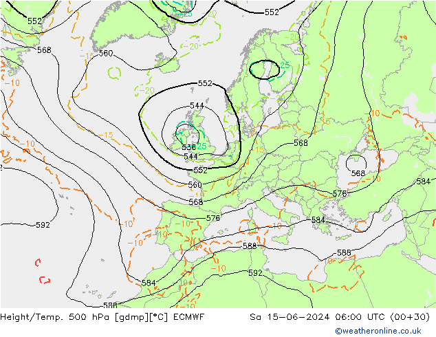 Height/Temp. 500 hPa ECMWF Sa 15.06.2024 06 UTC