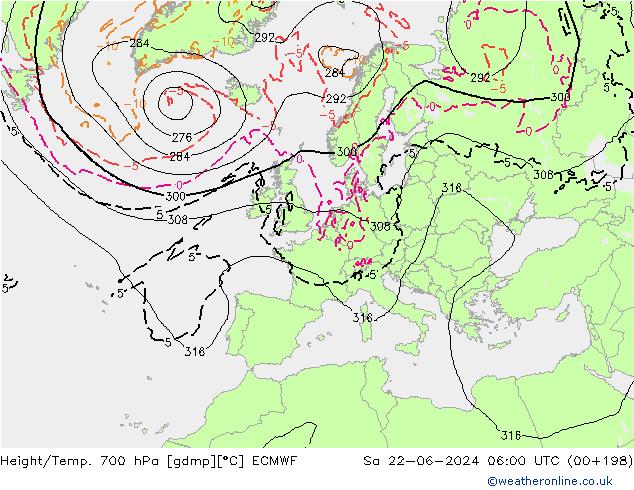 Height/Temp. 700 hPa ECMWF Sa 22.06.2024 06 UTC