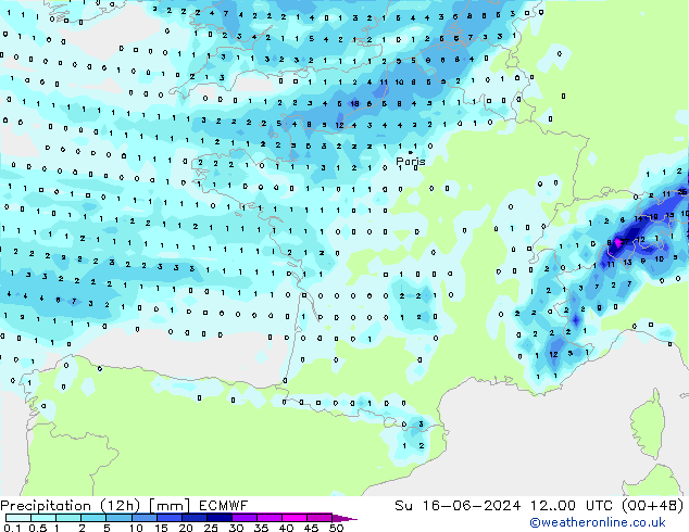 Totale neerslag (12h) ECMWF zo 16.06.2024 00 UTC