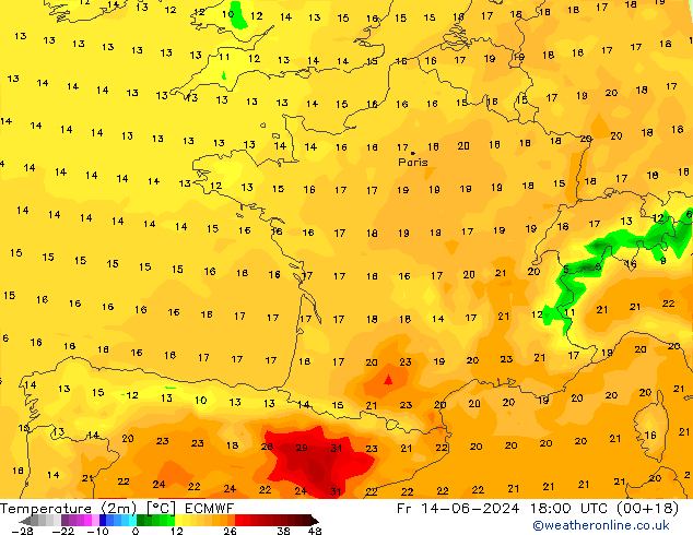 mapa temperatury (2m) ECMWF pt. 14.06.2024 18 UTC