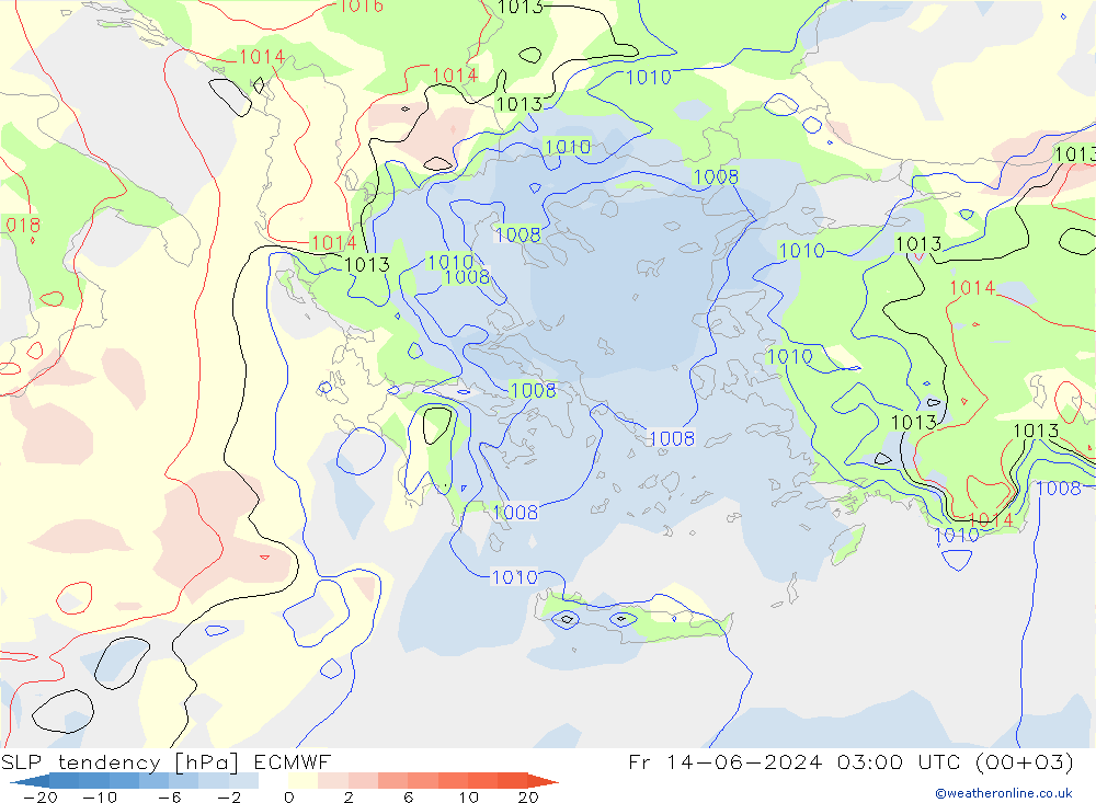 SLP tendency ECMWF Pá 14.06.2024 03 UTC