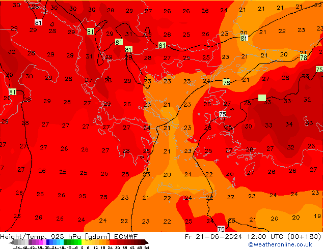 Height/Temp. 925 hPa ECMWF ven 21.06.2024 12 UTC