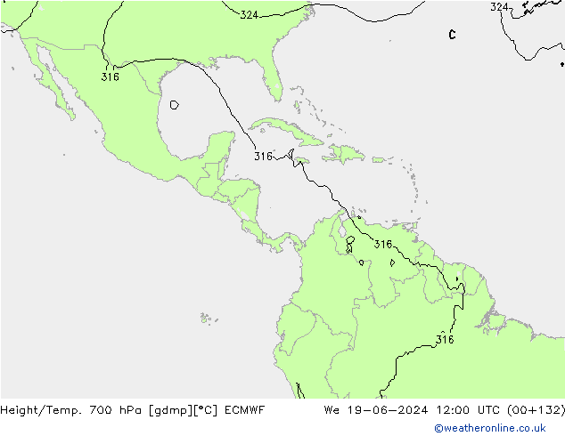 Height/Temp. 700 hPa ECMWF śro. 19.06.2024 12 UTC