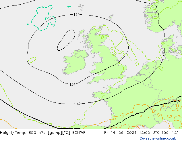 Hoogte/Temp. 850 hPa ECMWF vr 14.06.2024 12 UTC