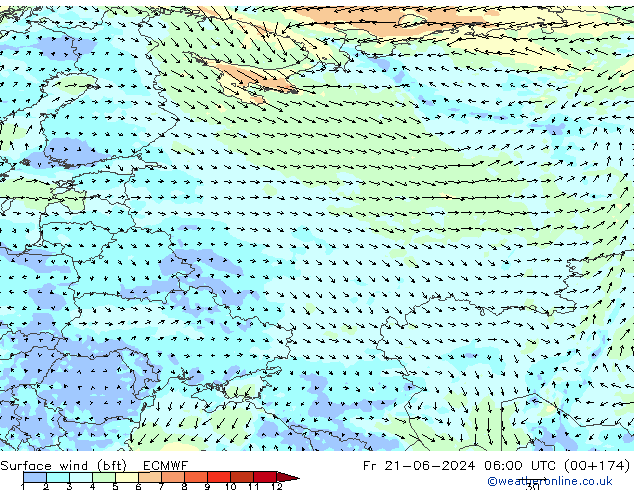 Vento 10 m (bft) ECMWF ven 21.06.2024 06 UTC