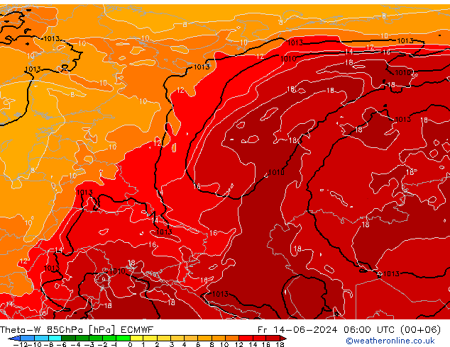 Theta-W 850hPa ECMWF Sex 14.06.2024 06 UTC