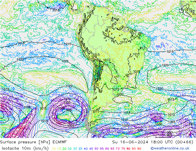 Isotachs (kph) ECMWF Вс 16.06.2024 18 UTC