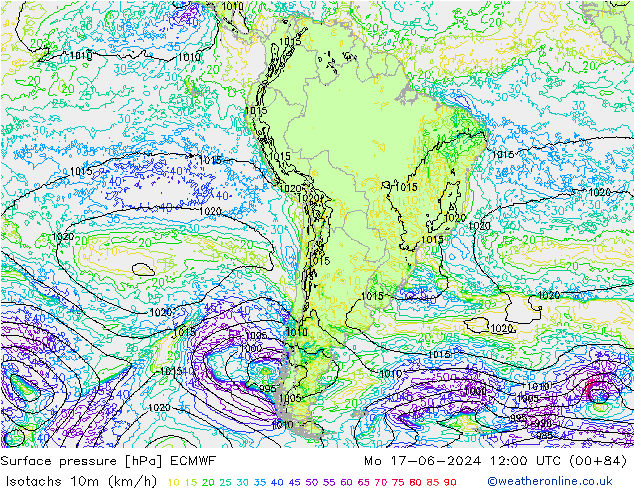 Isotachs (kph) ECMWF Mo 17.06.2024 12 UTC