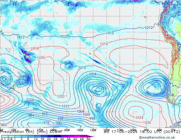 Neerslag 6h/Wind 10m/950 ECMWF ma 17.06.2024 00 UTC