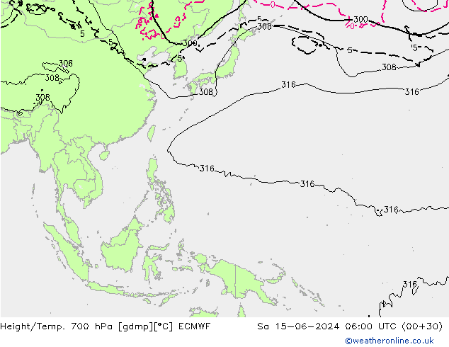 Height/Temp. 700 hPa ECMWF so. 15.06.2024 06 UTC