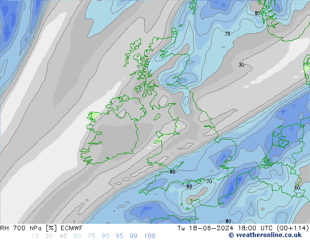 RH 700 hPa ECMWF Ter 18.06.2024 18 UTC