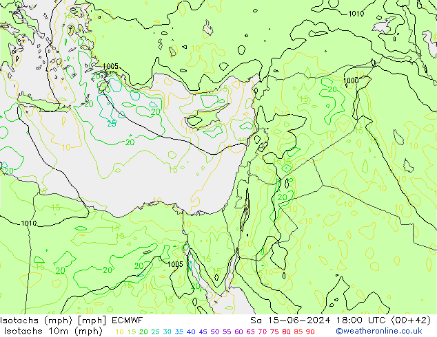 Isotachs (mph) ECMWF сб 15.06.2024 18 UTC