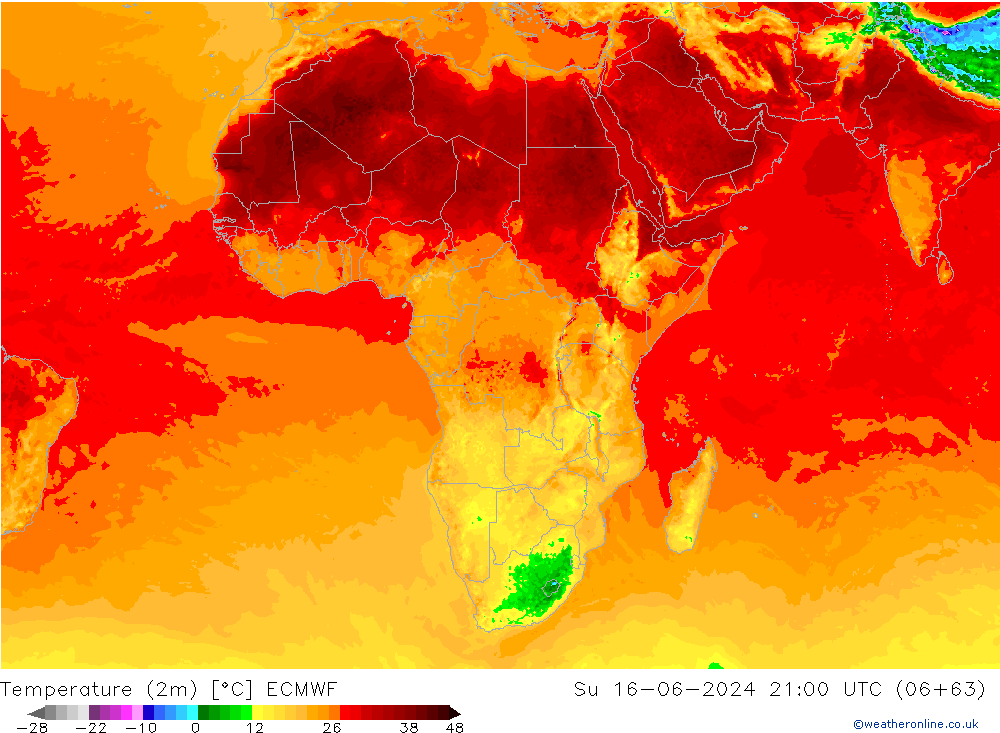 Temperatuurkaart (2m) ECMWF zo 16.06.2024 21 UTC