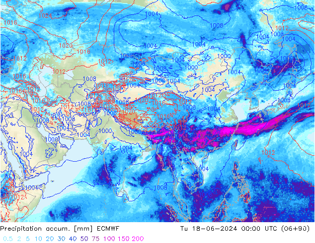 Precipitation accum. ECMWF Út 18.06.2024 00 UTC