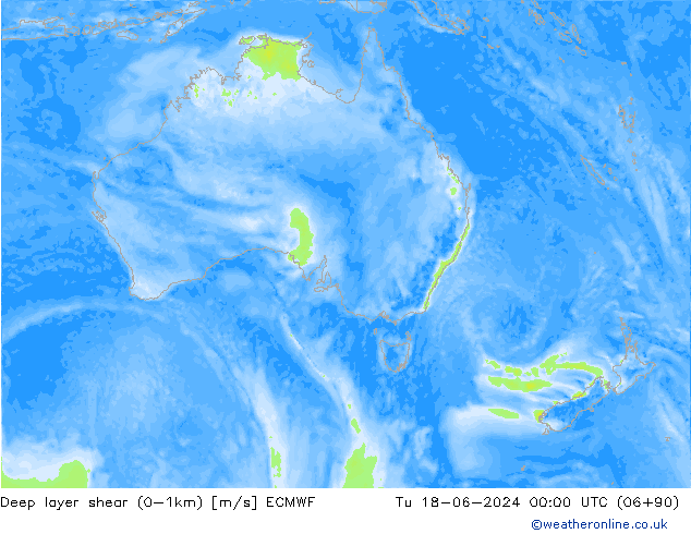 Deep layer shear (0-1km) ECMWF  18.06.2024 00 UTC