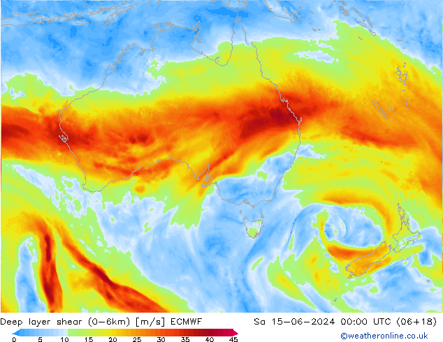 Deep layer shear (0-6km) ECMWF sáb 15.06.2024 00 UTC