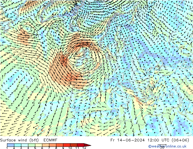 Wind 10 m (bft) ECMWF vr 14.06.2024 12 UTC