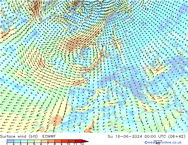 Surface wind (bft) ECMWF Su 16.06.2024 00 UTC