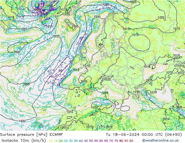 Isotachs (kph) ECMWF вт 18.06.2024 00 UTC