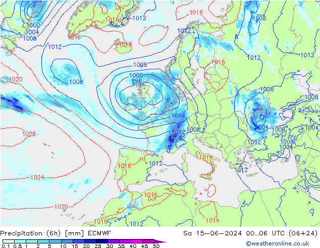 Z500/Rain (+SLP)/Z850 ECMWF Sa 15.06.2024 06 UTC