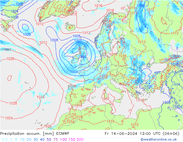 Precipitation accum. ECMWF Pá 14.06.2024 12 UTC