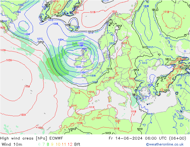 High wind areas ECMWF пт 14.06.2024 06 UTC