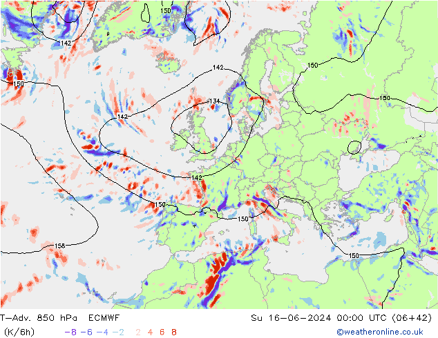 T-Adv. 850 гПа ECMWF Вс 16.06.2024 00 UTC