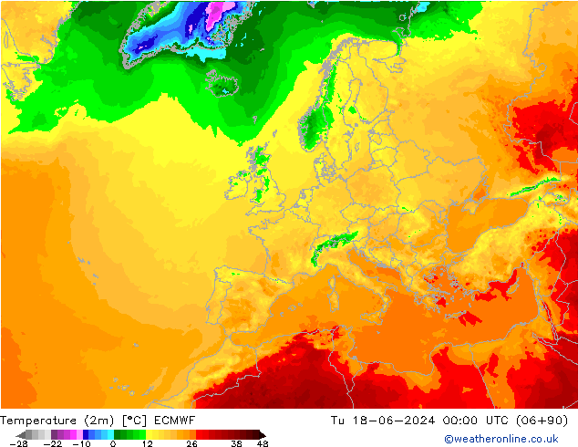 mapa temperatury (2m) ECMWF wto. 18.06.2024 00 UTC