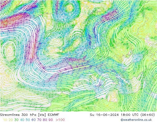 Streamlines 300 hPa ECMWF Su 16.06.2024 18 UTC