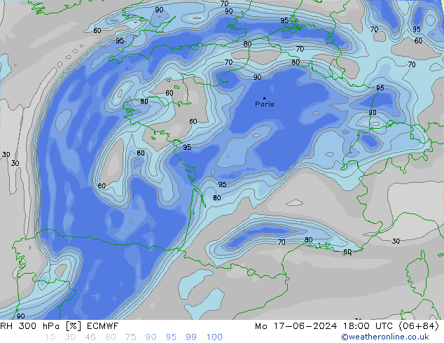 Humidité rel. 300 hPa ECMWF lun 17.06.2024 18 UTC