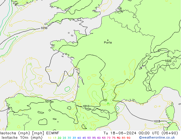 Isotachs (mph) ECMWF Tu 18.06.2024 00 UTC