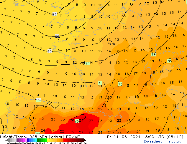 Height/Temp. 925 hPa ECMWF Pá 14.06.2024 18 UTC