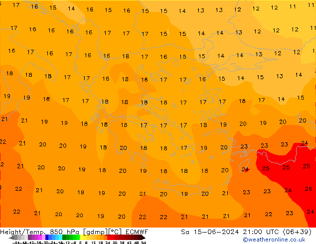 Hoogte/Temp. 850 hPa ECMWF za 15.06.2024 21 UTC