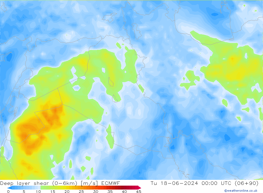 Deep layer shear (0-6km) ECMWF  18.06.2024 00 UTC