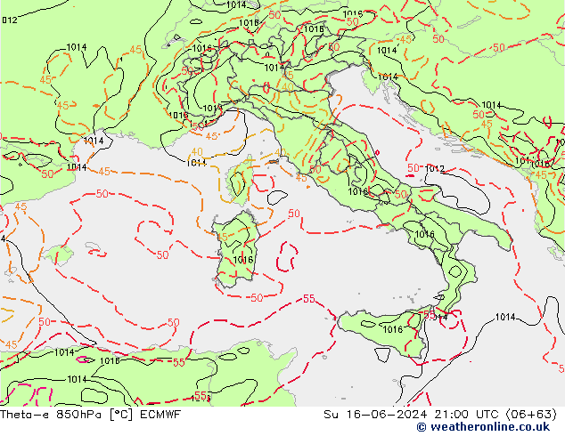 Theta-e 850hPa ECMWF So 16.06.2024 21 UTC