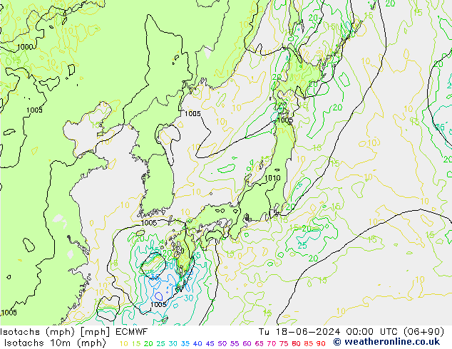 Isotachs (mph) ECMWF  18.06.2024 00 UTC