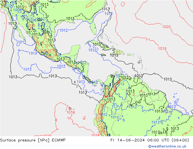 Presión superficial ECMWF vie 14.06.2024 06 UTC