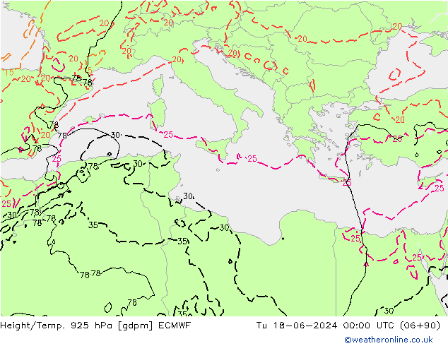 Height/Temp. 925 hPa ECMWF Tu 18.06.2024 00 UTC