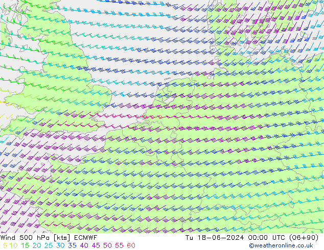 Wind 500 hPa ECMWF Út 18.06.2024 00 UTC