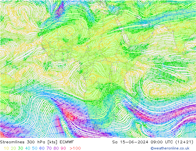 Streamlines 300 hPa ECMWF Sa 15.06.2024 09 UTC