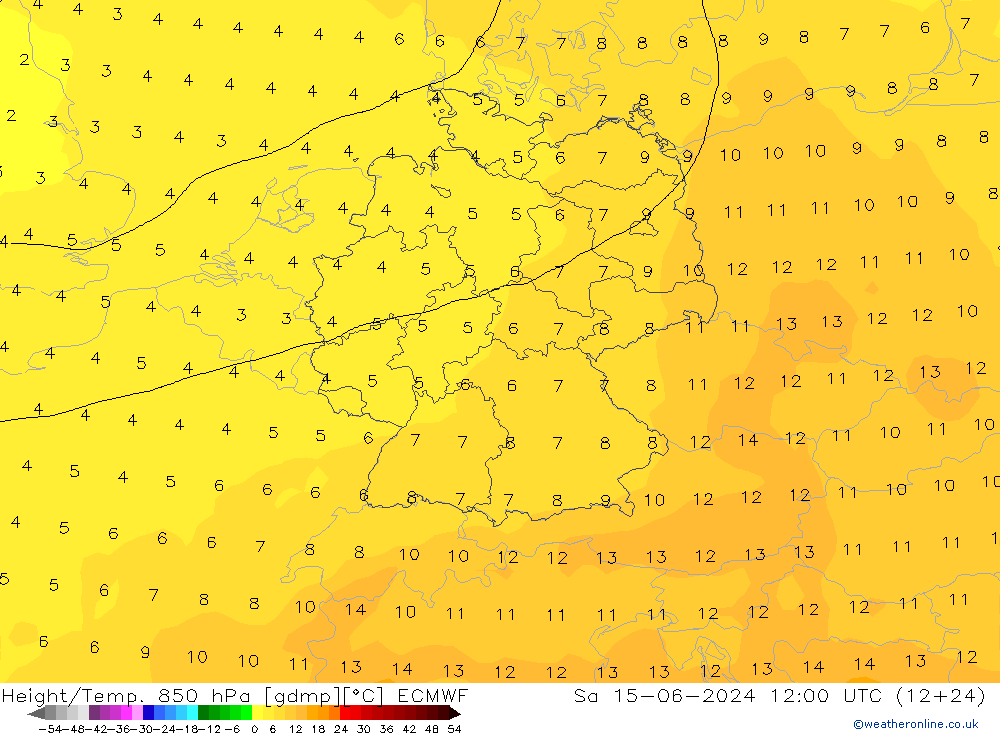 Height/Temp. 850 hPa ECMWF Sa 15.06.2024 12 UTC