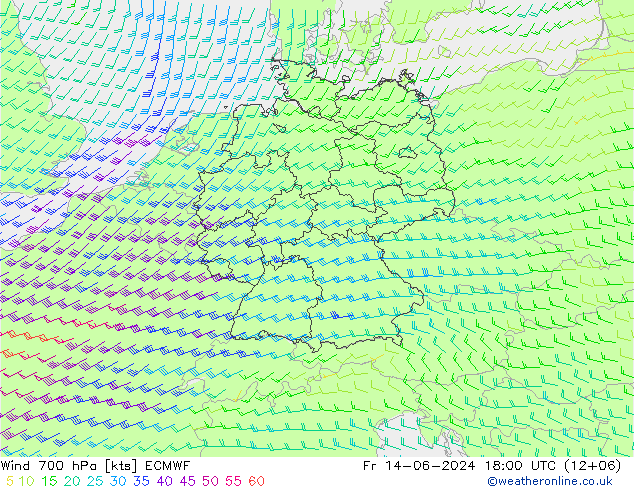 Wind 700 hPa ECMWF Fr 14.06.2024 18 UTC