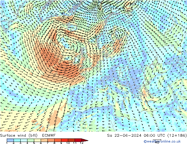 Surface wind (bft) ECMWF So 22.06.2024 06 UTC