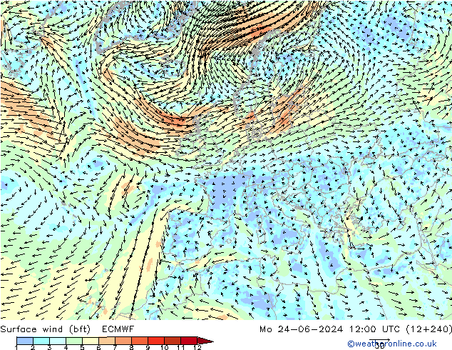 Bodenwind (bft) ECMWF Mo 24.06.2024 12 UTC